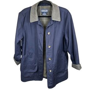 Lands’ End Navy Barn Coat Chore Utility Jacket Corduroy Collar Plaid Lined M